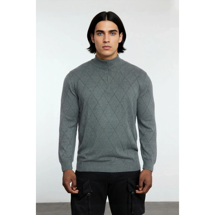 Erkek Gri Regular Kalıp Pamuklu Triko Baklava Desenli Yarım Fermuarlı Dik Yaka Kış Kazak Kaliteli