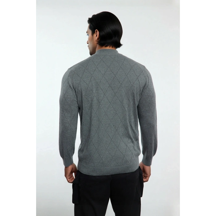 Erkek Gri Regular Kalıp Pamuklu Triko Baklava Desenli Yarım Fermuarlı Dik Yaka Kış Kazak Kaliteli