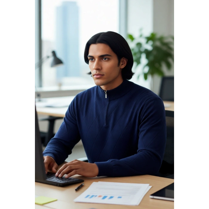 Erkek Gri Regular Kalıp Pamuklu Triko Baklava Desenli Yarım Fermuarlı Dik Yaka Kış Kazak Kaliteli