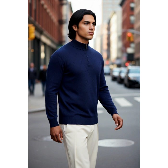 Erkek Gri Regular Kesim Yarım Fermuarlı Dik Yaka Baklava Desenli Triko Kışlık Uzun Kol Kazak