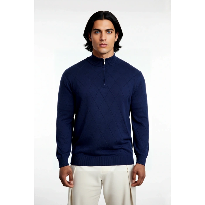 Erkek Gri Regular Kesim Yarım Fermuarlı Dik Yaka Baklava Desenli Triko Kışlık Uzun Kol Kazak