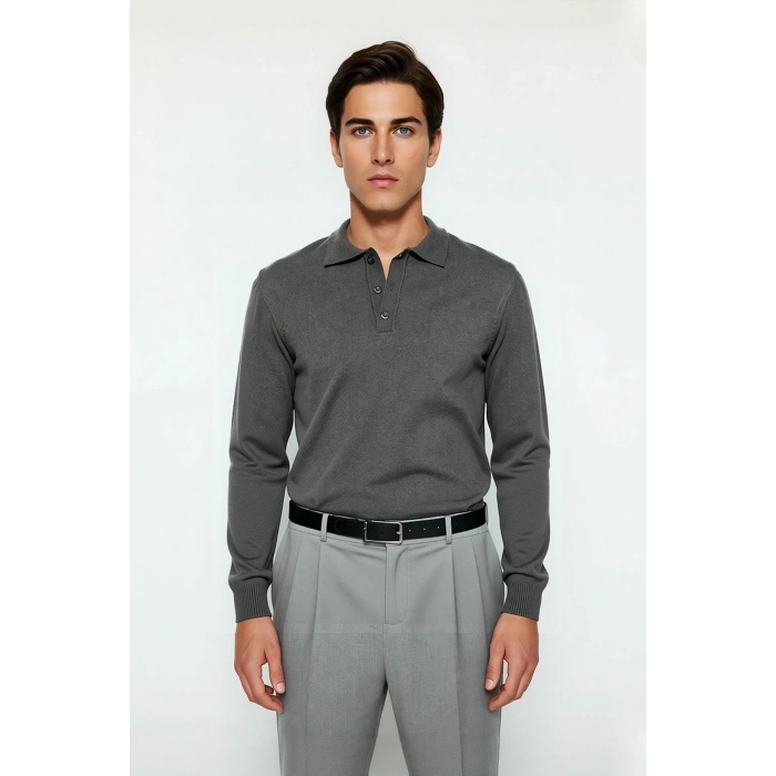 Erkek Gri Regular Polo Yaka Triko Kazak İle Kışın Smart Casual Şıklığı Yaşayın Kaliteli Şık