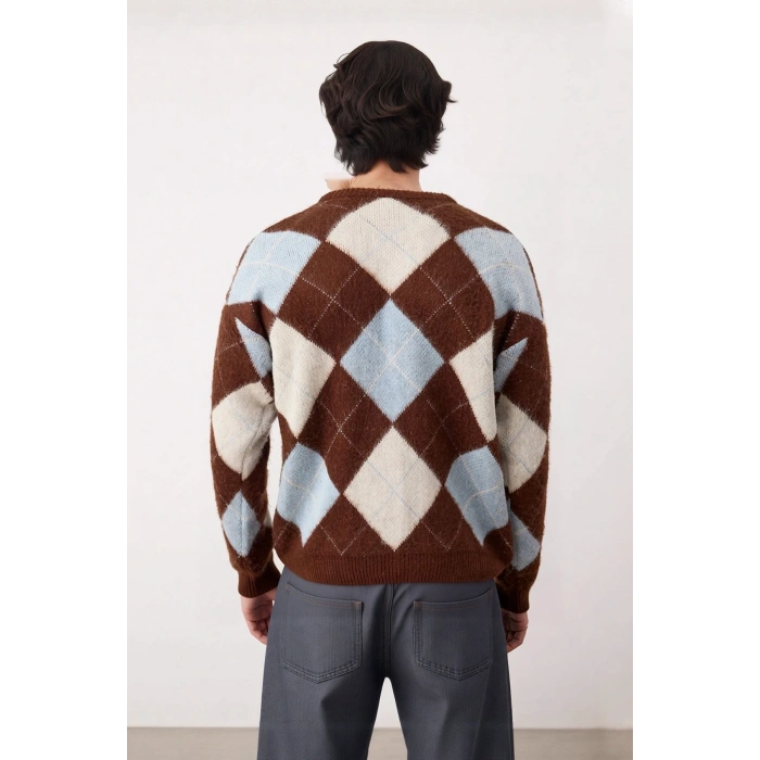 Erkek Günlük Kullanım İçin Bisiklet Yaka Triko Ekose Desenli Regular Kesim Kışlık Kazak İdeal Konfor