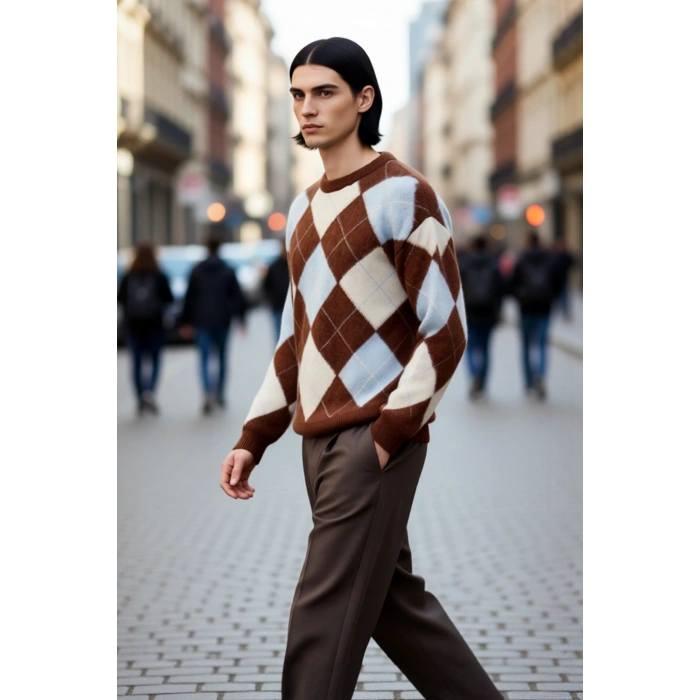 Erkek Günlük Kullanım İçin Bisiklet Yaka Triko Ekose Desenli Regular Kesim Kışlık Kazak İdeal Konfor