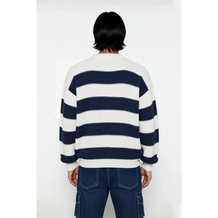 Erkek Günlük Kullanım İçin Şık Çizgili Bisiklet Yaka Akrilik Uzun Kollu Oversize Triko Kazak