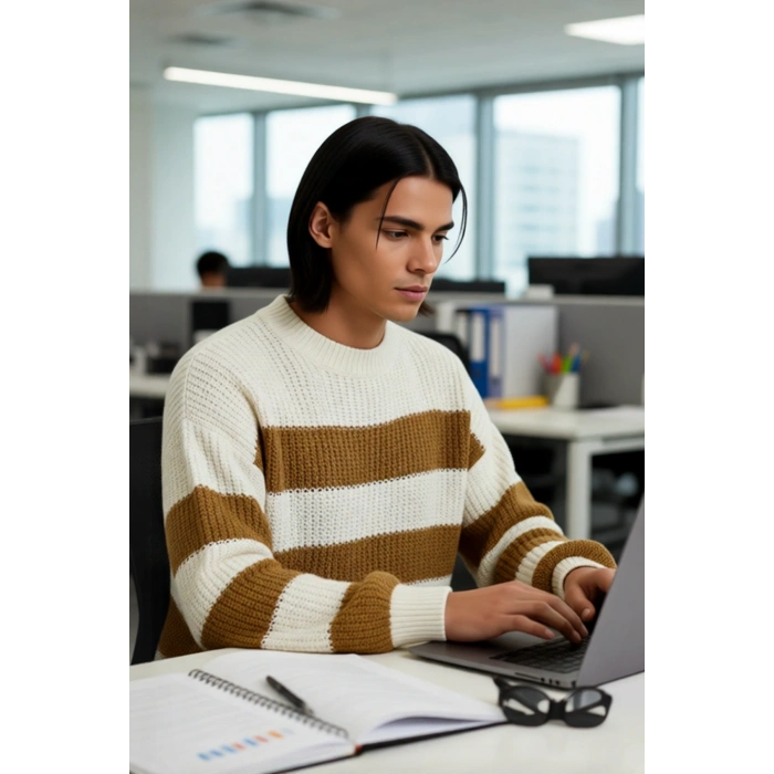 Erkek Günlük Kullanım İçin Şık Çizgili Bisiklet Yaka Akrilik Uzun Kollu Oversize Triko Kazak