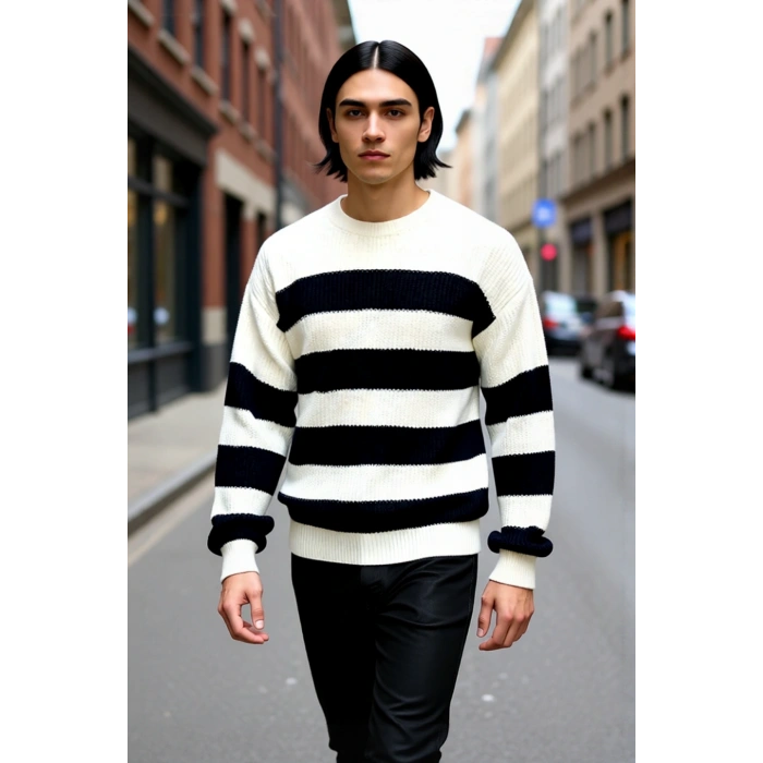 Erkek Günlük Kullanım İçin Şık Çizgili Bisiklet Yaka Akrilik Uzun Kollu Oversize Triko Kazak