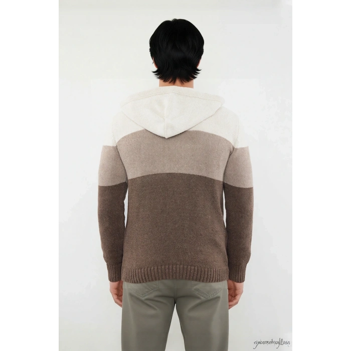 Erkek Kapüşonlu Regular Kalıp Renk Bloklu Kanguru Cepli Uzun Kollu Triko Kazak Günlük Stilinize Özel