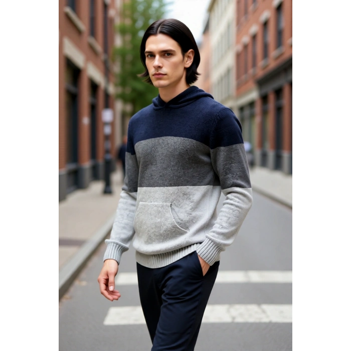 Erkek Kapüşonlu Regular Kalıp Renk Bloklu Kanguru Cepli Uzun Kollu Triko Kazak Günlük Stilinize Özel