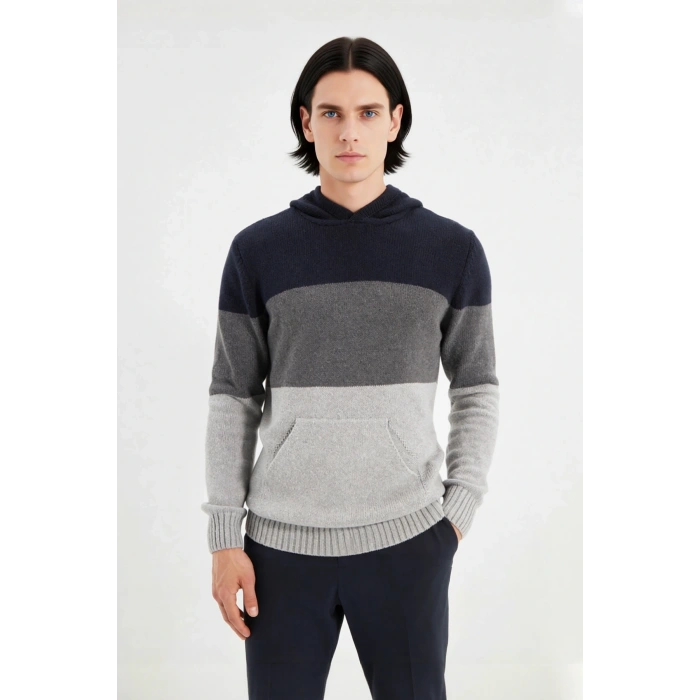 Erkek Kapüşonlu Regular Kalıp Renk Bloklu Kanguru Cepli Uzun Kollu Triko Kazak Günlük Stilinize Özel