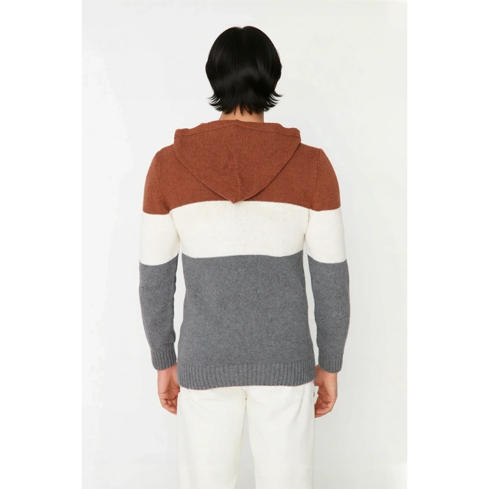 Erkek Kapüşonlu Regular Kalıp Renk Bloklu Kanguru Cepli Uzun Kollu Triko Kazak Günlük Stilinize Özel