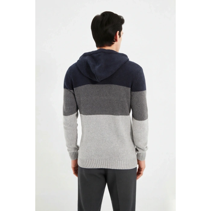 Erkek Kapüşonlu Regular Kalıp Renk Bloklu Triko Kazak Kanguru Cepli Uzun Kollu Kış Şıklığı