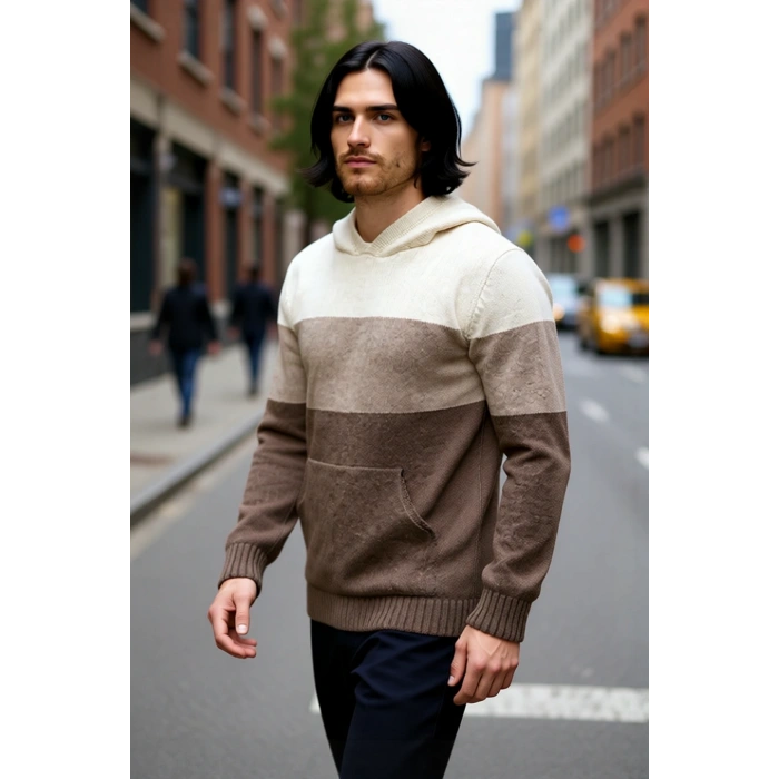 Erkek Kapüşonlu Regular Kalıp Renk Bloklu Triko Kazak Kanguru Cepli Uzun Kollu Kış Şıklığı