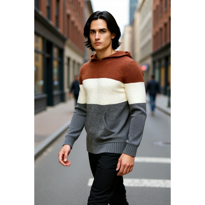 Erkek Kapüşonlu Regular Kalıp Renk Bloklu Triko Kazak Kanguru Cepli Uzun Kollu Kış Şıklığı