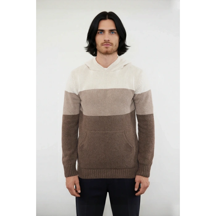 Erkek Kapüşonlu Regular Kalıp Renk Bloklu Triko Kazak Kanguru Cepli Uzun Kollu Kış Şıklığı