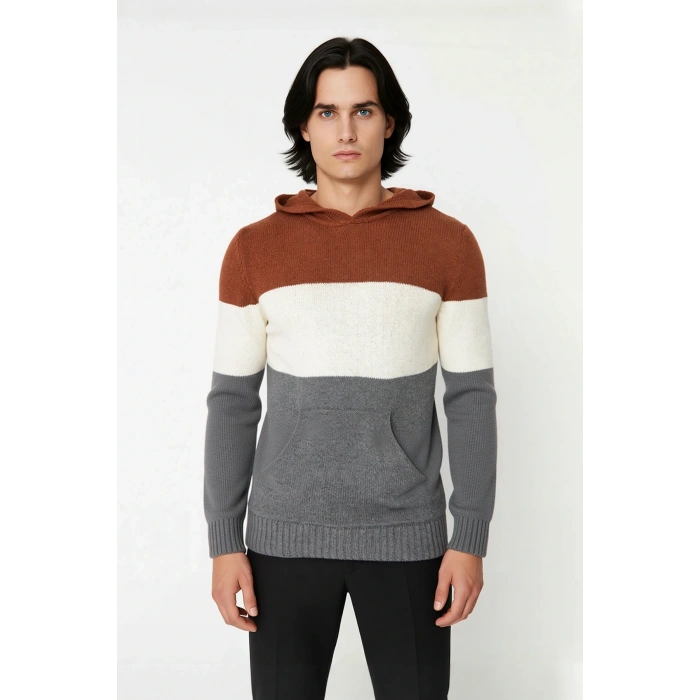 Erkek Kapüşonlu Regular Kalıp Renk Bloklu Triko Kazak Kanguru Cepli Uzun Kollu Kış Şıklığı