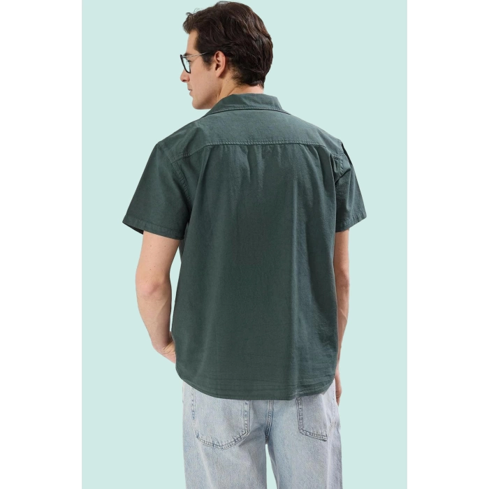 Erkek Keten Görünümlü Apaş Yaka Kısa Kollu Pamuklu Gömlek Rahat Günlük Stil Modern Tasarım