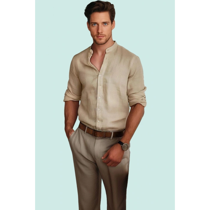 Erkek Keten Görünümlü Düz Desenli Rahat Gömlek Polyester Günlük Şıklık Yaz Aylarının Vazgeçilmezi
