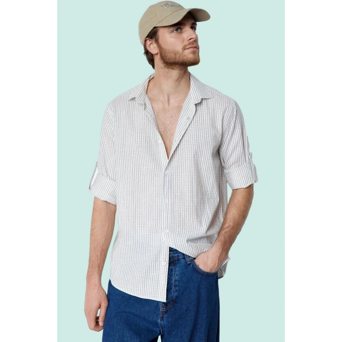 Erkek Keten Karışımlı Çizgili Gömlek Regular Fit Yaka Casual Günlük Yaz Aylarının Vazgeçilmezi