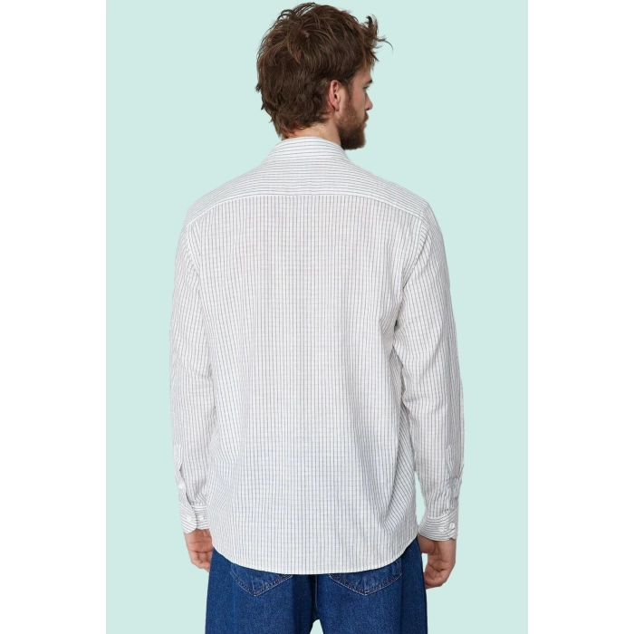 Erkek Keten Karışımlı Çizgili Gömlek Regular Fit Yaka Casual Günlük Yaz Aylarının Vazgeçilmezi