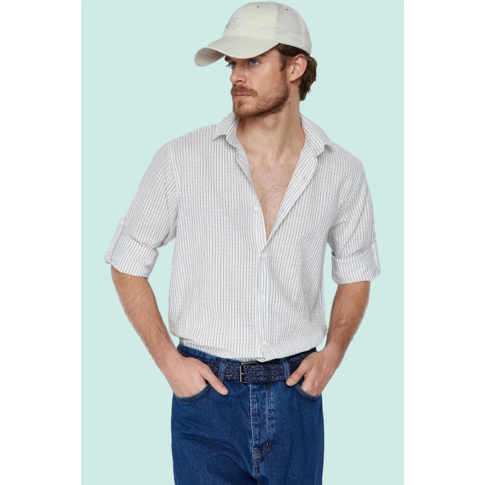 Erkek Keten Karışımlı Çizgili Gömlek Regular Fit Yaka Casual Günlük Yaz Aylarının Vazgeçilmezi