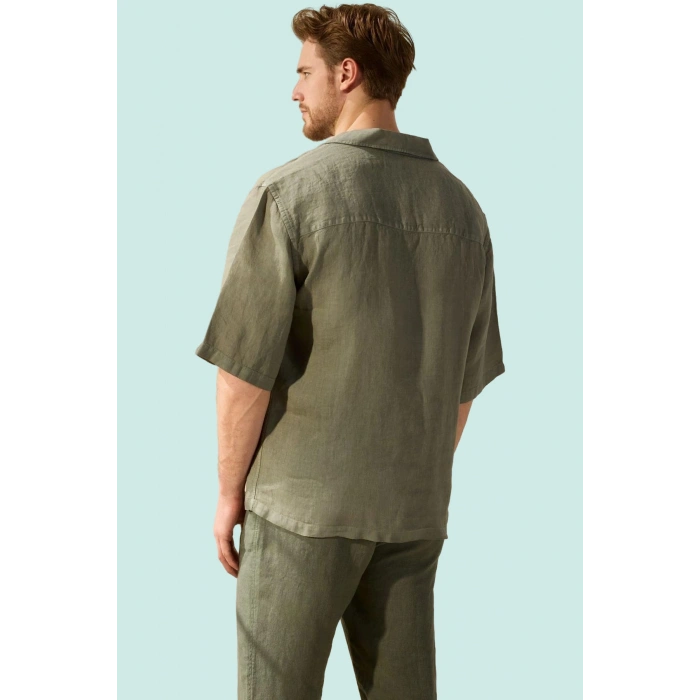 Erkek Keten Oversize Fit Gömlek Apaş Yaka Düz Desen Kısa Kol Yaz Aylarının Vazgeçilmezi Hafta Sonu