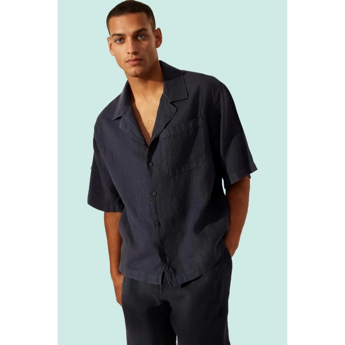 Erkek Keten Oversize Fit Gömlek Apaş Yaka Düz Desen Kısa Kol Yaz Aylarının Vazgeçilmezi Hafta Sonu