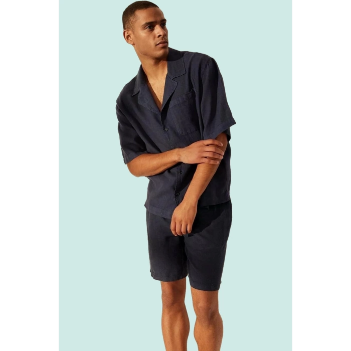 Erkek Keten Oversize Fit Gömlek Apaş Yaka Düz Desen Kısa Kol Yaz Aylarının Vazgeçilmezi Hafta Sonu
