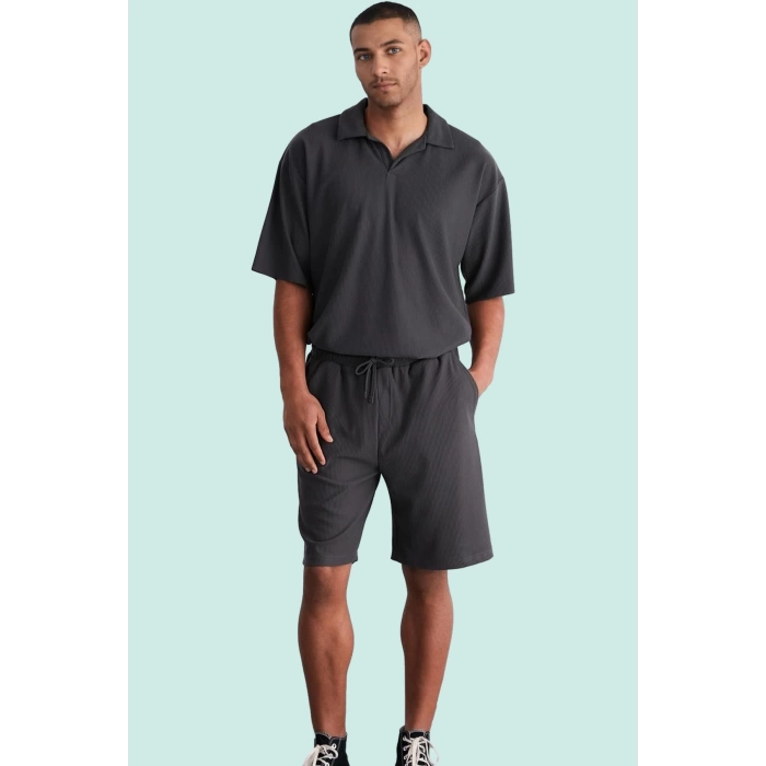 Erkek Kısa Boy Normal Bel Geniş Paça Şort Ottoman Dokuma Polyester Elastan Günlük Hafta Sonu