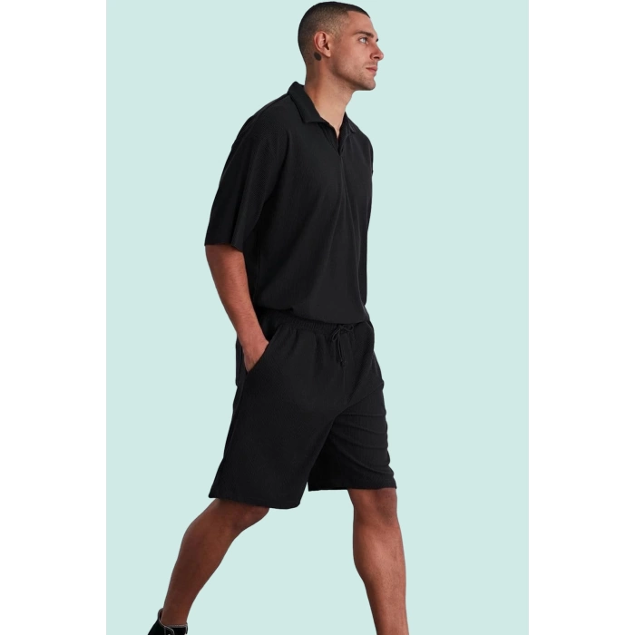 Erkek Kısa Boy Normal Bel Geniş Paça Şort Ottoman Dokuma Polyester Elastan Günlük Hafta Sonu