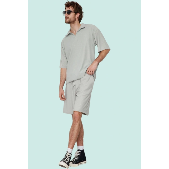 Erkek Kısa Boy Normal Bel Geniş Paça Şort Ottoman Dokuma Polyester Elastan Günlük Hafta Sonu