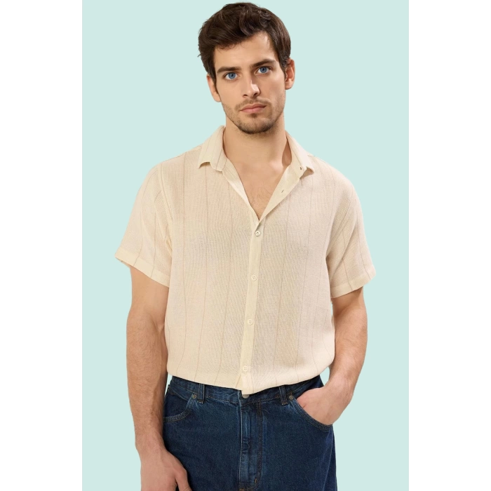 Erkek Kısa Kollu Çizgili Gömlek Yaka Basic Fit Yazlık Günlük Hafta Sonu Yaz Aylarının Vazgeçilmezi