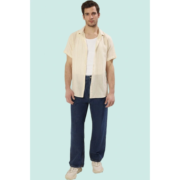 Erkek Kısa Kollu Çizgili Gömlek Yaka Basic Fit Yazlık Günlük Hafta Sonu Yaz Aylarının Vazgeçilmezi