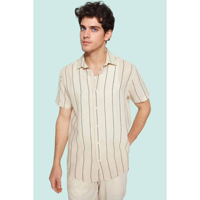 Erkek Kısa Kollu Çizgili Gömlek Yaka Basic Fit Yazlık Günlük Hafta Sonu Yaz Aylarının Vazgeçilmezi