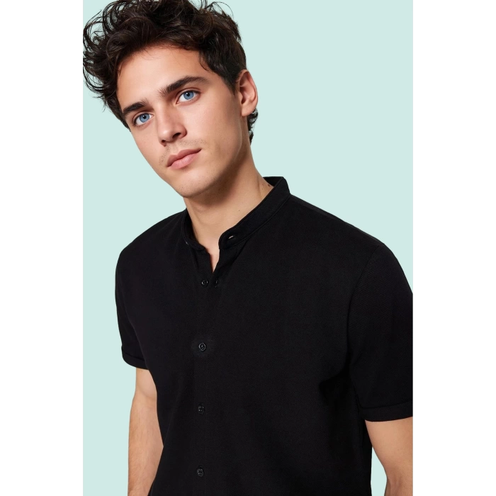 Erkek Kısa Kollu Slim Fit Hakim Yaka Örme Gömlek Pamuklu Günlük Kullanım Dayanıklı Malzeme