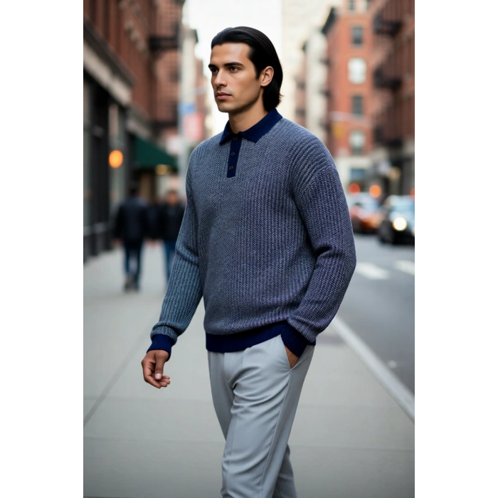 Erkek Konforlu Şık Dokulu Polo Yaka Uzun Kollu Akrilik Triko Kazak Soğuk Günlerin Vazgeçilmezi