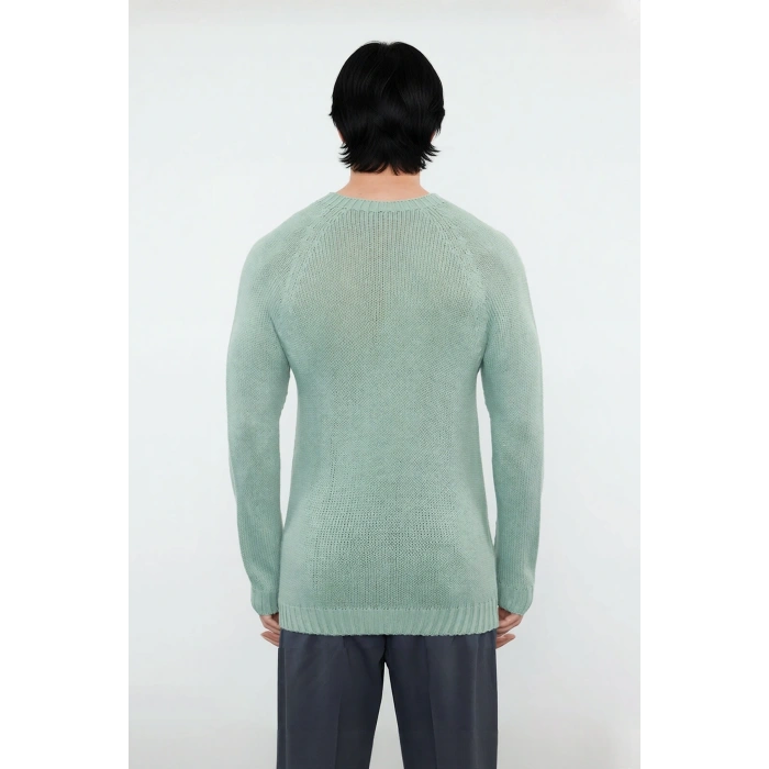 Erkek Mavi Bisiklet Yaka Fitted Seamless Reglan Kol Akrilik Triko Kazak Modern Şıklık Rahatlık