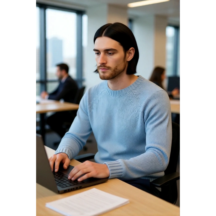 Erkek Mavi Bisiklet Yaka Fitted Seamless Reglan Kol Akrilik Triko Kazak Modern Şıklık Rahatlık