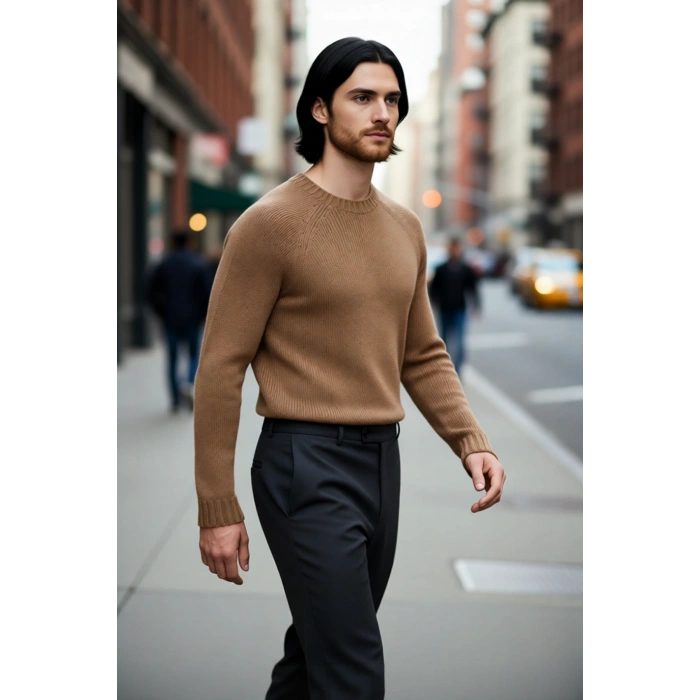 Erkek Mavi Bisiklet Yaka Fitted Seamless Reglan Kol Akrilik Triko Kazak Modern Şıklık Rahatlık