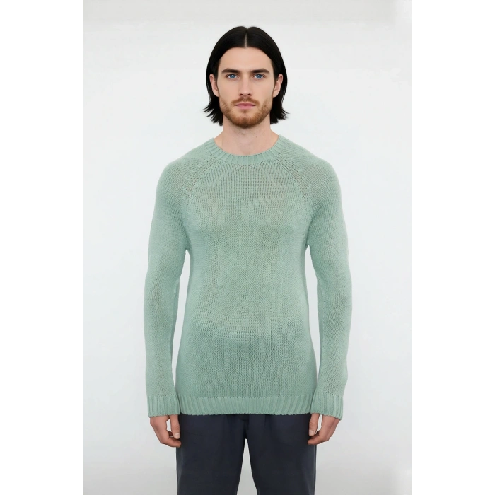 Erkek Mavi Bisiklet Yaka Fitted Seamless Reglan Kol Akrilik Triko Kazak Modern Şıklık Rahatlık