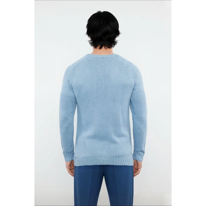 Erkek Mavi Bisiklet Yaka Fitted Seamless Reglan Kol Akrilik Triko Kazak Modern Şıklık Rahatlık