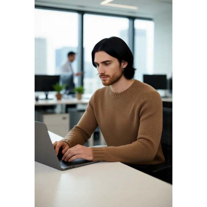 Erkek Mavi Bisiklet Yaka Fitted Seamless Reglan Kol Akrilik Triko Kazak Modern Şıklık Rahatlık