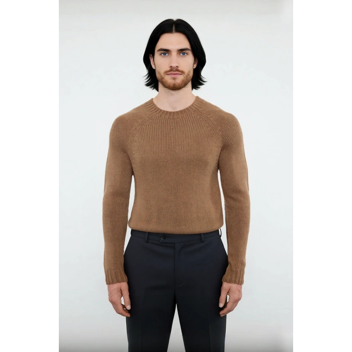 Erkek Mavi Fitted Akrilik Bisiklet Yaka Reglan Kol Basic Triko Kazak Günlük Şıklık Konforu