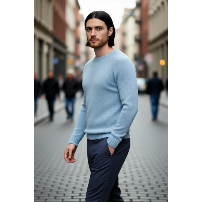 Erkek Mavi Fitted Akrilik Bisiklet Yaka Reglan Kol Basic Triko Kazak Günlük Şıklık Konforu