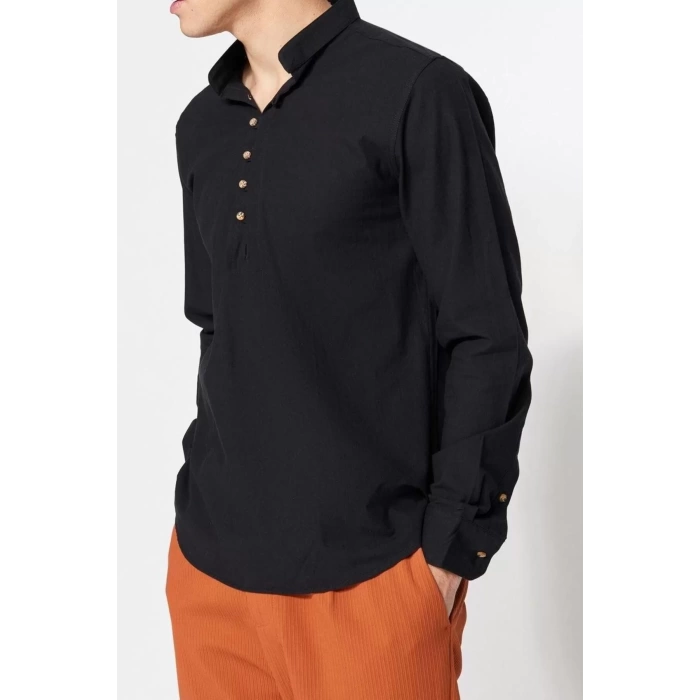 Erkek Moda Uzun Kol Dokuma Koyu Yeşil Slim Fit Yarım Patlı Hakim Yaka %100 Pamuklu Gömlek