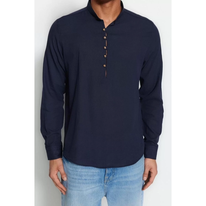 Erkek Moda Uzun Kol Dokuma Koyu Yeşil Slim Fit Yarım Patlı Hakim Yaka %100 Pamuklu Gömlek