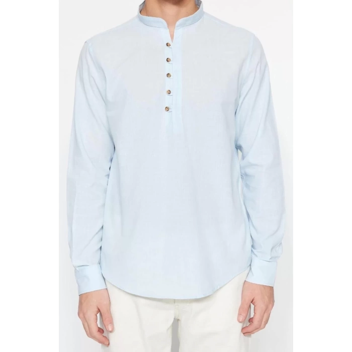 Erkek Moda Uzun Kol Dokuma Koyu Yeşil Slim Fit Yarım Patlı Hakim Yaka %100 Pamuklu Gömlek
