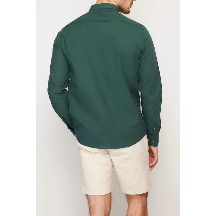 Erkek Moda Uzun Kol Dokuma Koyu Yeşil Slim Fit Yarım Patlı Hakim Yaka %100 Pamuklu Gömlek