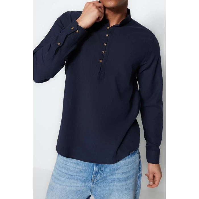 Erkek Moda Uzun Kol Dokuma Koyu Yeşil Slim Fit Yarım Patlı Hakim Yaka %100 Pamuklu Gömlek