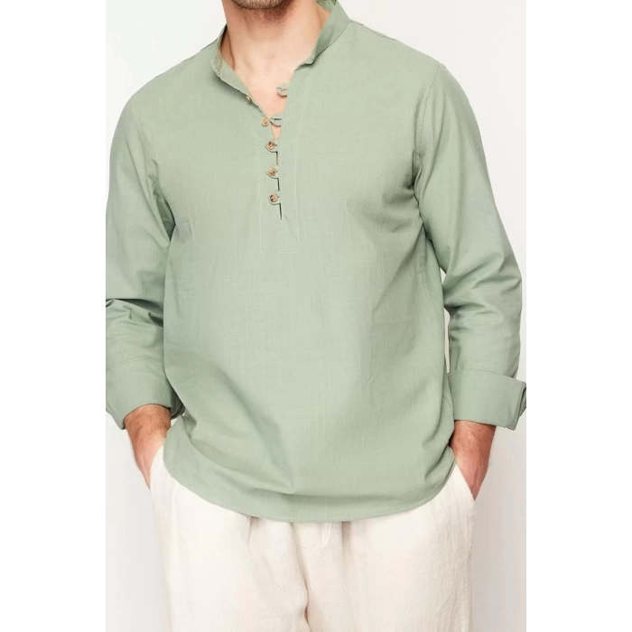 Erkek Moda Uzun Kol Dokuma Koyu Yeşil Slim Fit Yarım Patlı Hakim Yaka %100 Pamuklu Gömlek